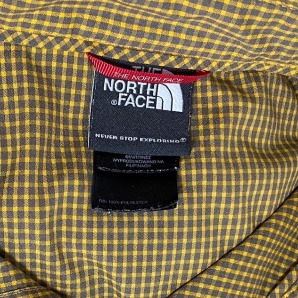The North Face Men XL Short Sleeve Gingham Button Down Shirt Mustard Yellow Grey